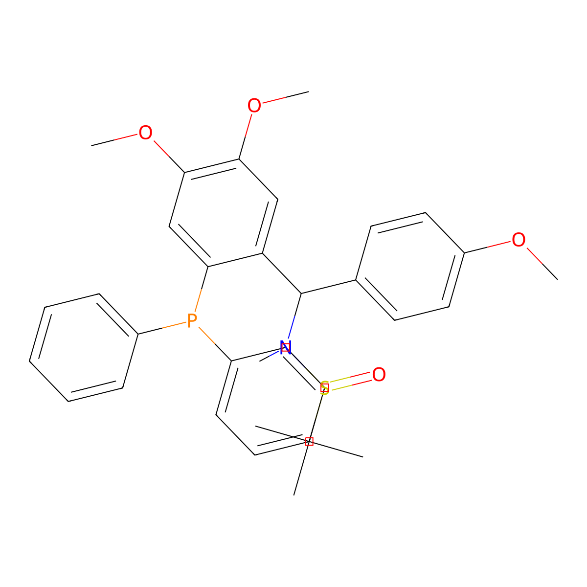 (R)-N-((S)-(2-(Diphenylphosphanyl)-4,5-dimethoxyphenyl)(4-methoxyphenyl)methyl)-N,2-dimethylpropane-2-sulfinamide molecular structure, CAS 2565792-80-3