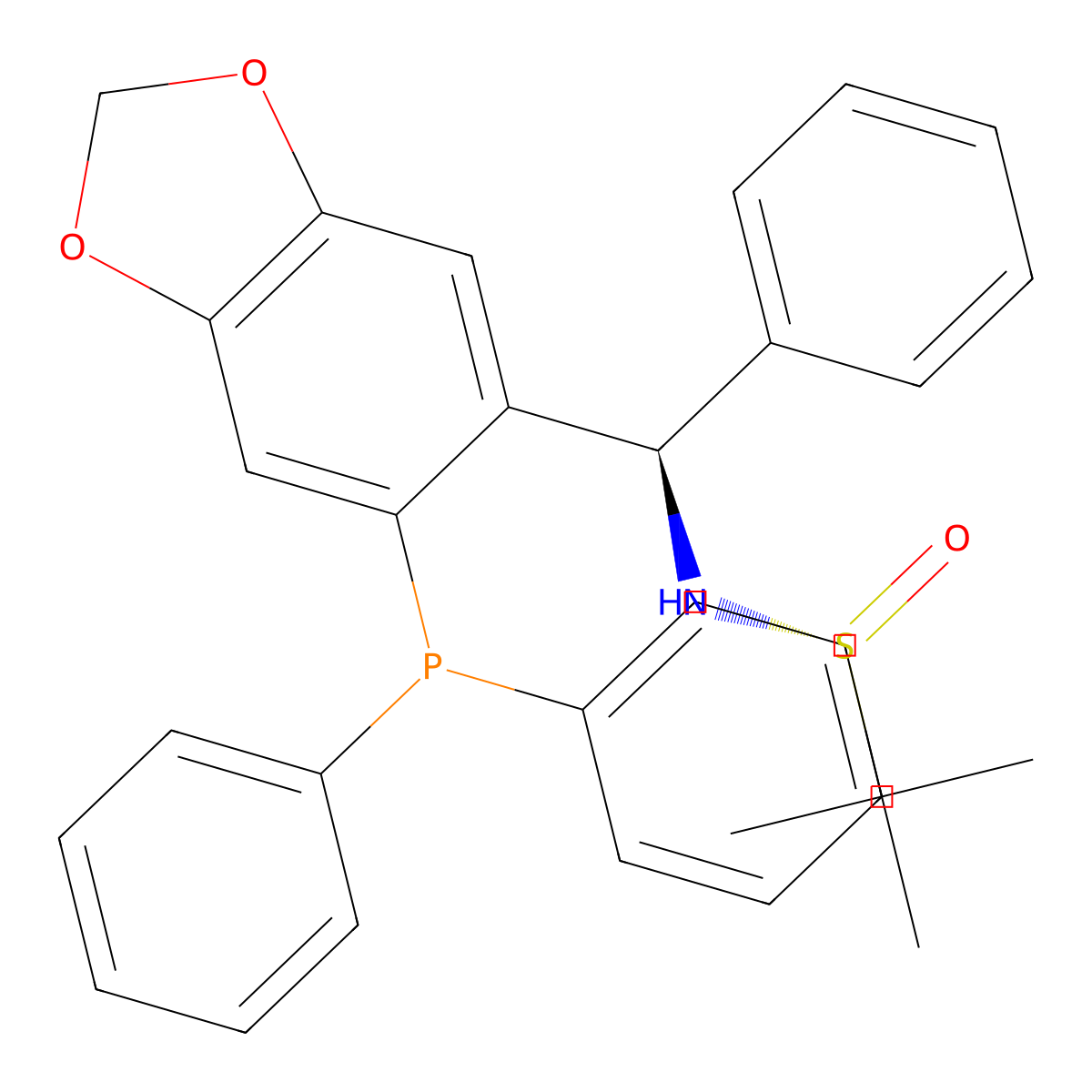 (R)-N-((R)-(6-(Diphenylphosphanyl)benzo[d][1,3]dioxol-5-yl)(phenyl)methyl)-2-methylpropane-2-sulfinamide molecular structure, CAS 2565792-84-7
