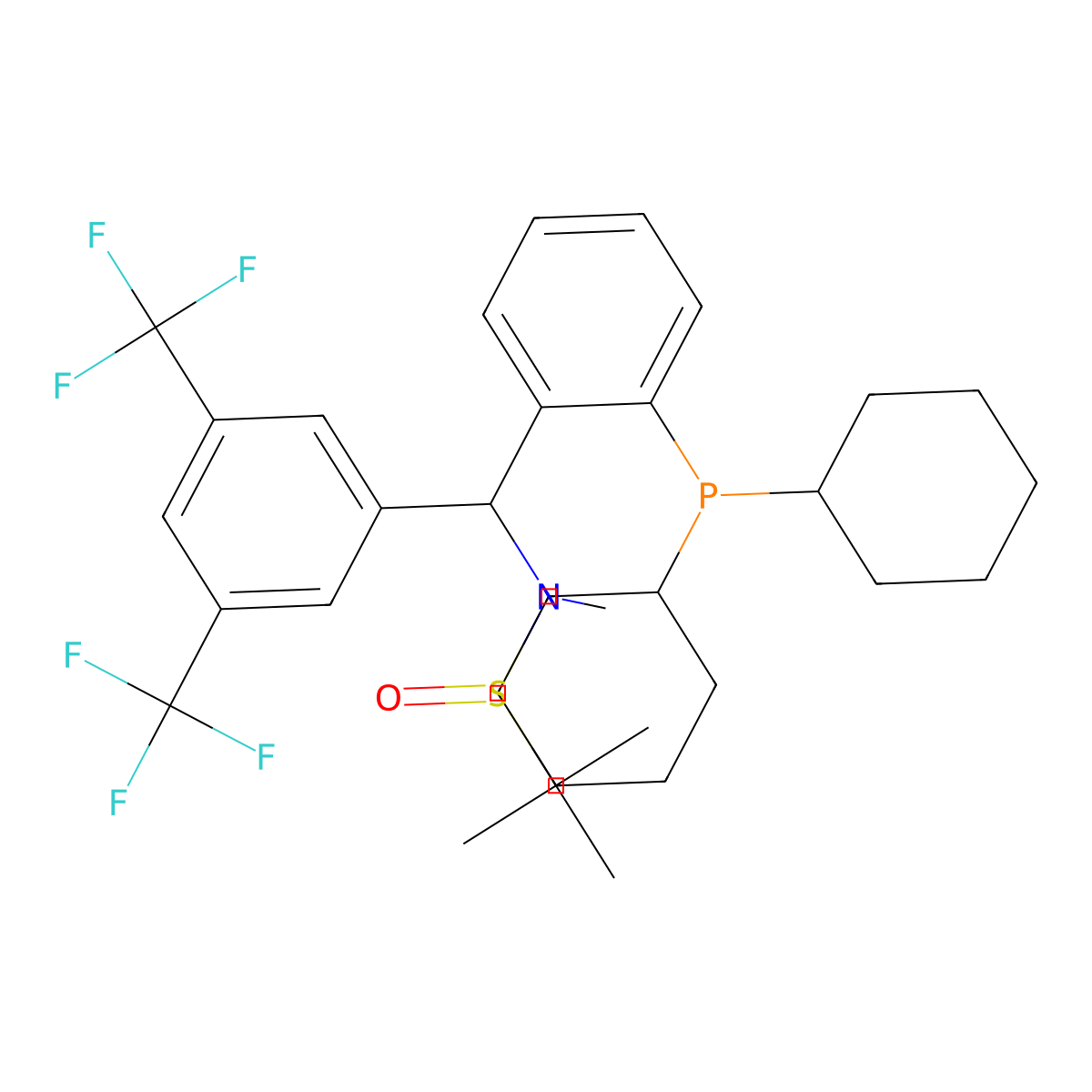 (R)-N-((R)-(3,5-Bis(trifluoromethyl)phenyl)(2-(dicyclohexylphosphanyl)phenyl)methyl)-N,2-dimethylpropane-2-sulfinamide molecular structure, CAS 2565792-86-9