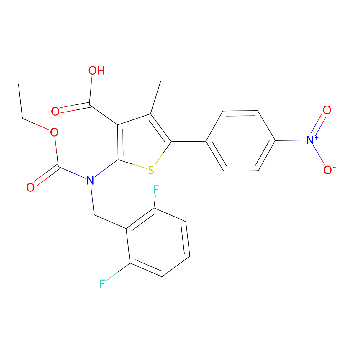 3-Thiophenecarboxylic acid, 2-[[(2,6-difluorophenyl)methyl](ethoxycarbonyl)amino]-4-methyl-5-(4-nitrophenyl)- molecular structure, CAS 2566172-33-4