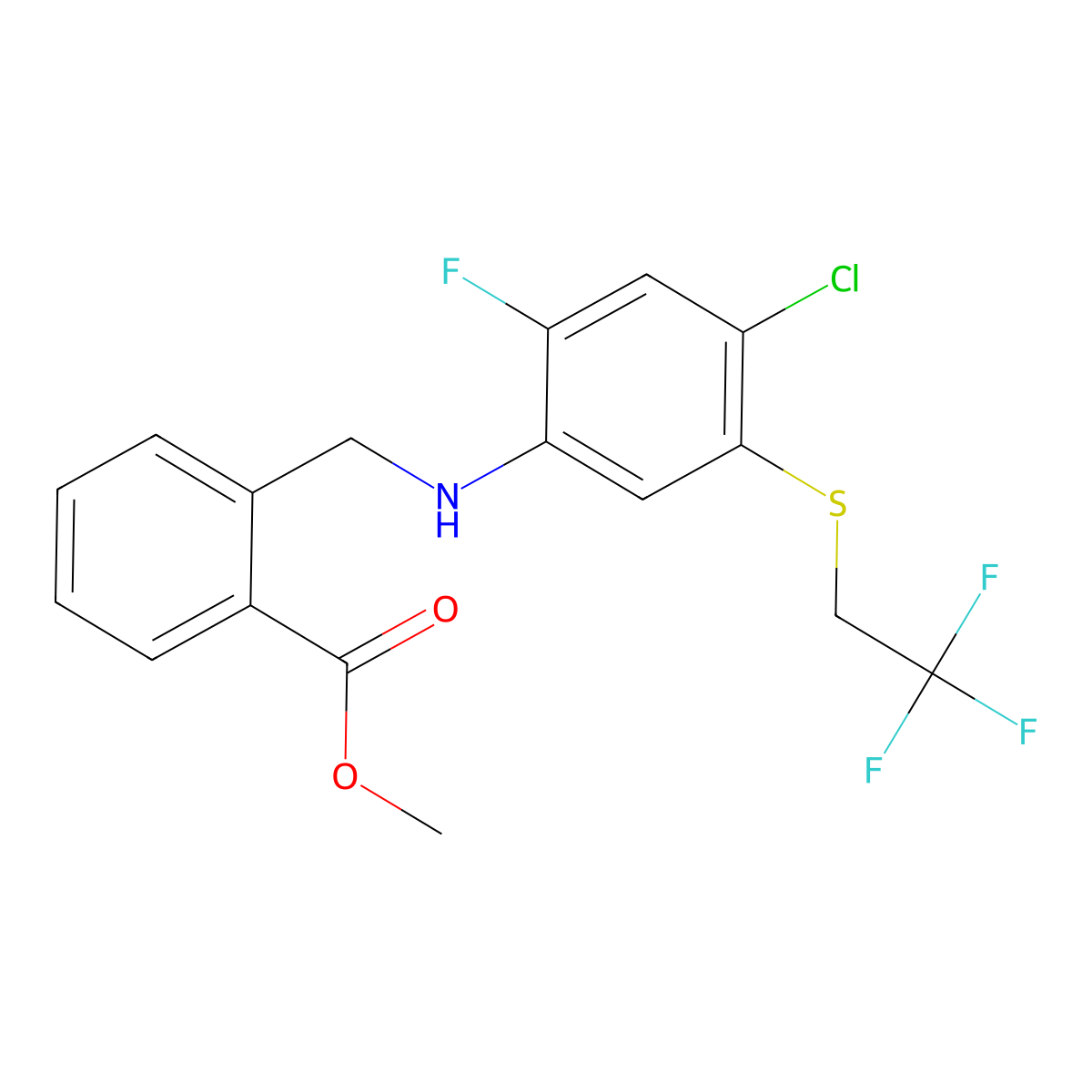 Methyl 2-[({4-chloro-2-fluoro-5-[(2,2,2-trifluoroethyl)sulfanyl]phenyl}amino)methyl]benzoate molecular structure, CAS 2566451-67-8