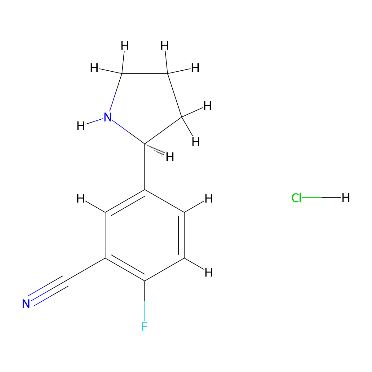 (S)-2-fluoro-5-(pyrrolidin-2-yl)benzonitrile hydrochloride molecular structure, CAS 2566459-57-0