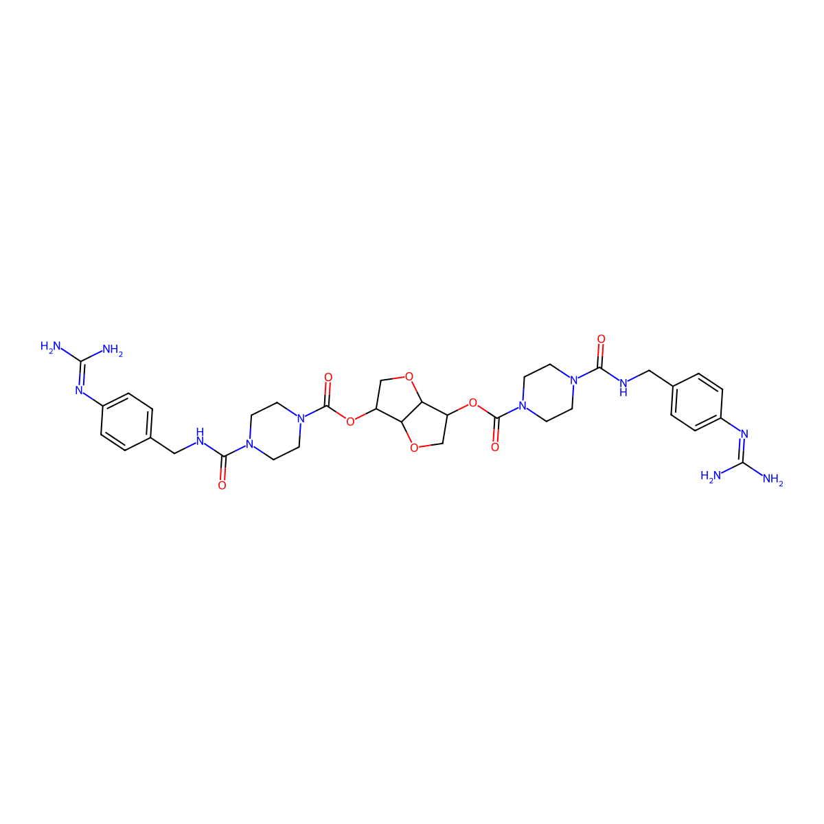 (3R,6R)-hexahydrofuro[3,2-b]furan-3,6-diyl bis(4-((4-guanidinobenzyl)carbamoyl)piperazine-1-carboxylate) molecular structure, CAS 256649-36-2
