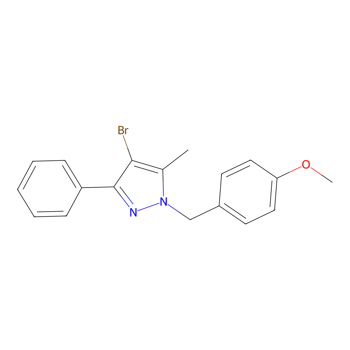 4-Bromo-1-(4-methoxybenzyl)-5-methyl-3-phenyl-1H-pyrazole molecular structure, CAS 2566491-74-3