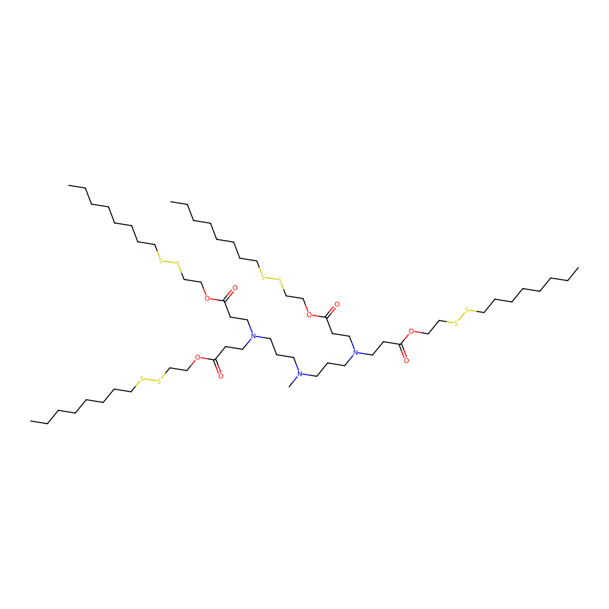 Tetrakis(2-(octyldisulfaneyl)ethyl) 3,3',3'',3'''-(((methylazanediyl)bis(propane-3,1-diyl))bis(azanetriyl))tetrapropionate molecular structure, CAS 2566523-06-4