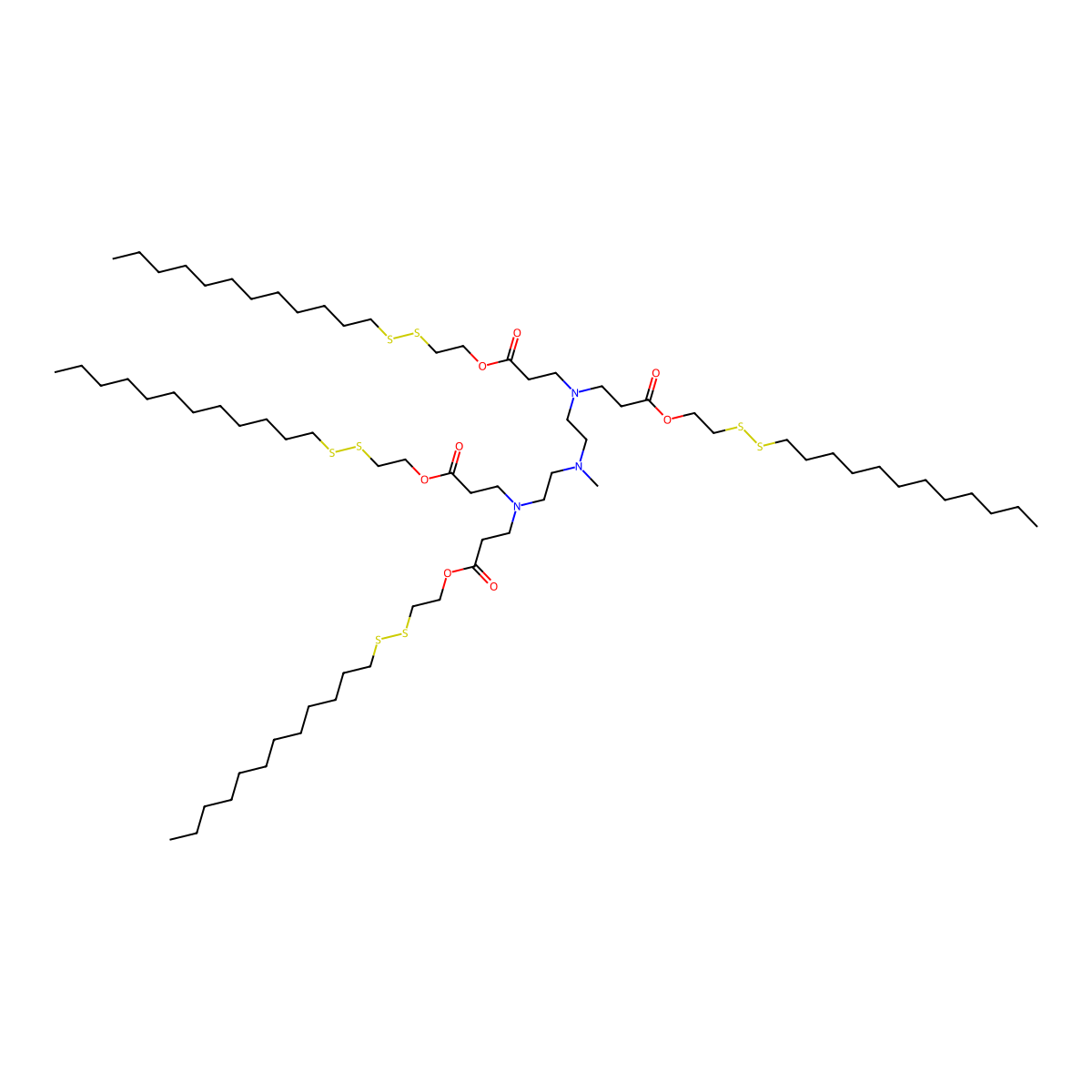 Tetrakis(2-(dodecyldisulfaneyl)ethyl) 3,3',3'',3'''-(((methylazanediyl)bis(ethane-2,1-diyl))bis(azanetriyl))tetrapropionate molecular structure, CAS 2566523-07-5