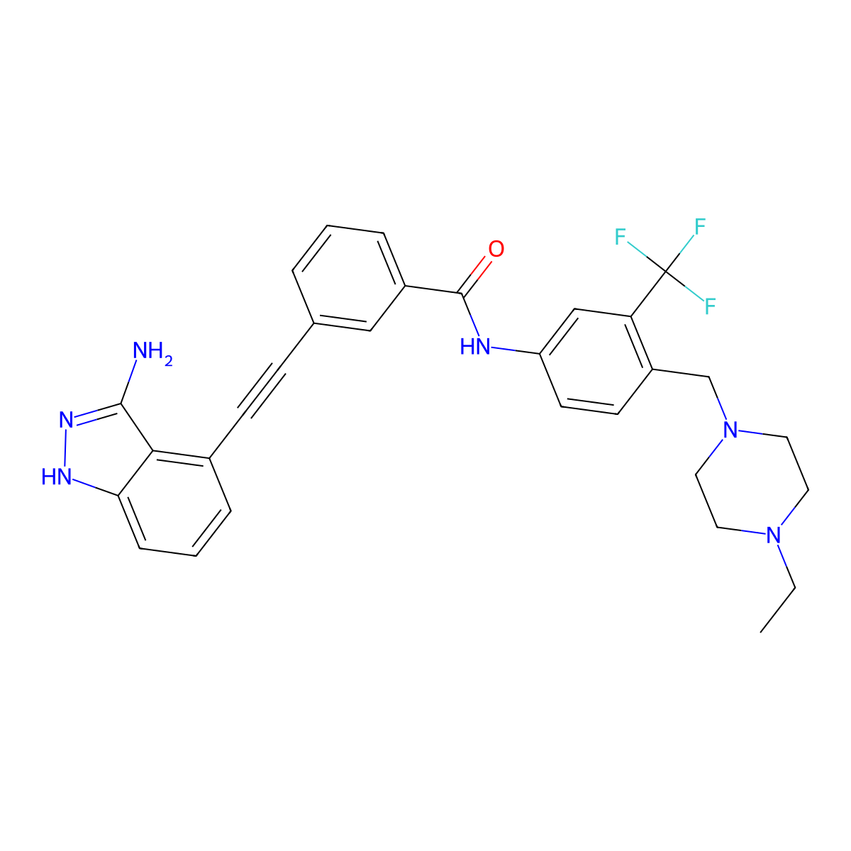 3-((3-Amino-1H-indazol-4-yl)ethynyl)-N-(4-((4-ethylpiperazin-1-yl)methyl)-3-(trifluoromethyl)phenyl)benzamide molecular structure, CAS 2566525-18-4