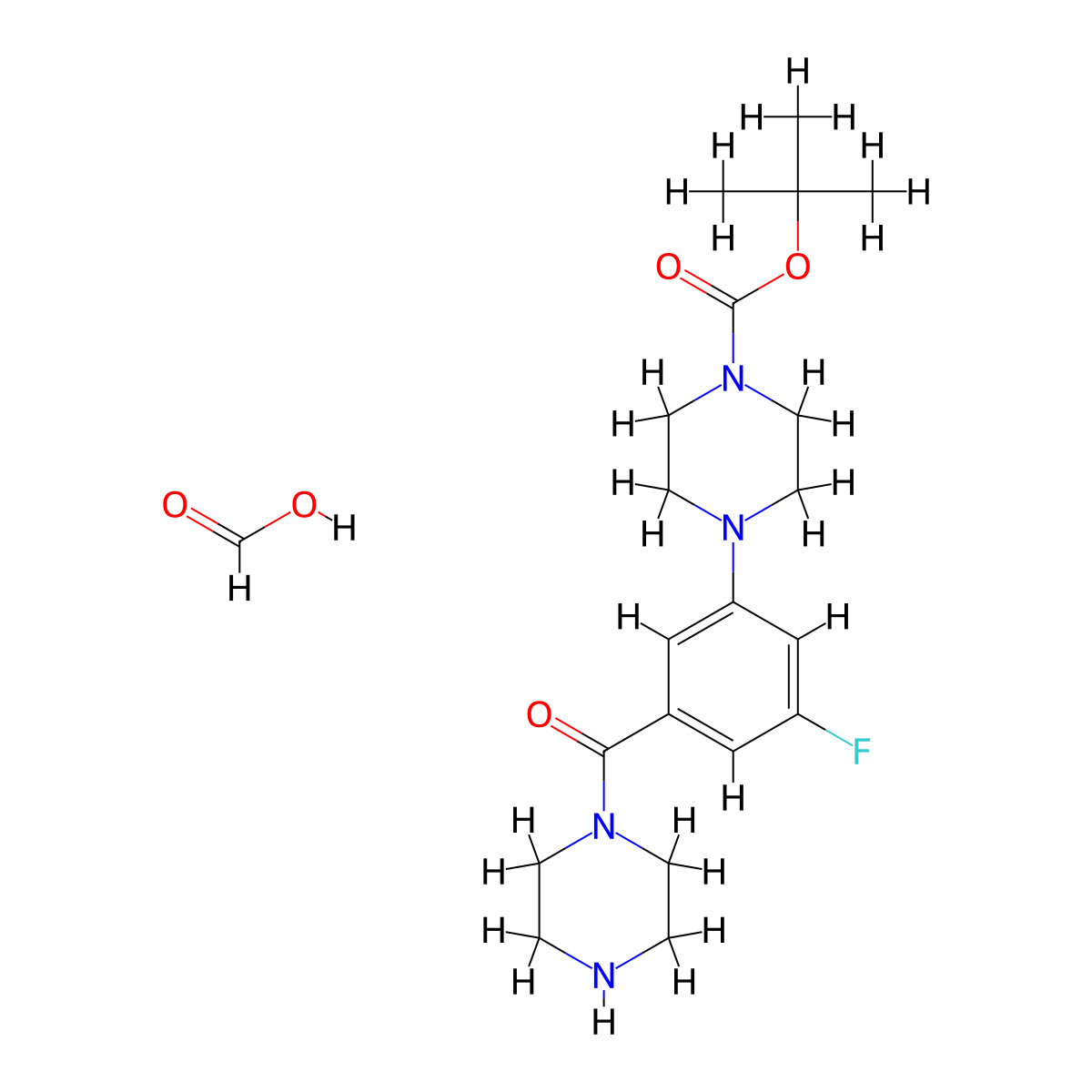 Tert-butyl 4-(3-fluoro-5-(piperazine-1-carbonyl)phenyl)piperazine-1-carboxylate formate molecular structure, CAS 2566827-36-7