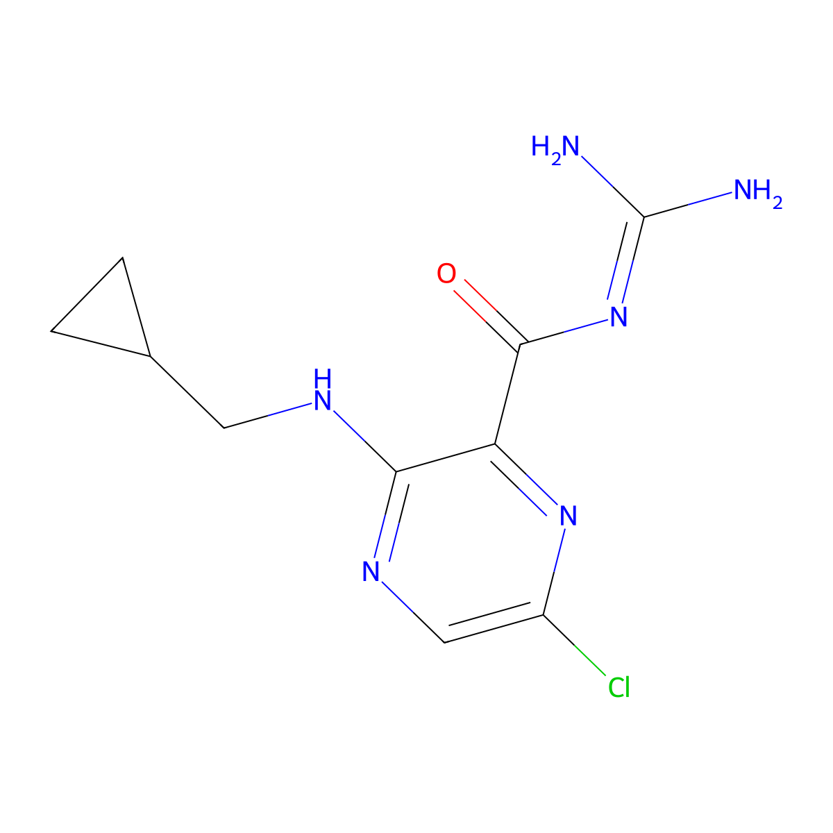 N-Amidino-6-chloro-3-((cyclopropylmethyl)amino)pyrazinecarboxamide molecular structure, CAS 25670-43-3