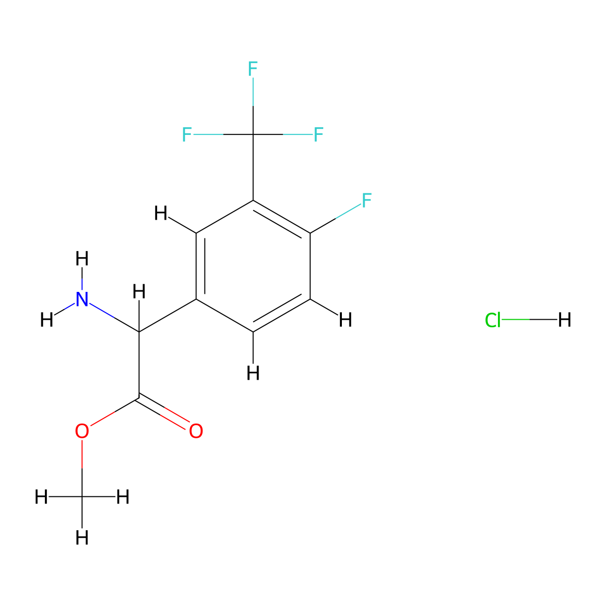 Methyl 2-amino-2-[4-fluoro-3-(trifluoromethyl)phenyl]acetate hydrochloride molecular structure, CAS 2567495-42-3