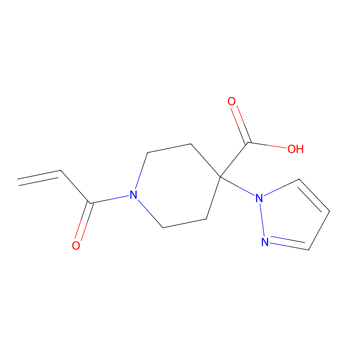 1-Prop-2-enoyl-4-pyrazol-1-ylpiperidine-4-carboxylic acid molecular structure, CAS 2567496-65-3