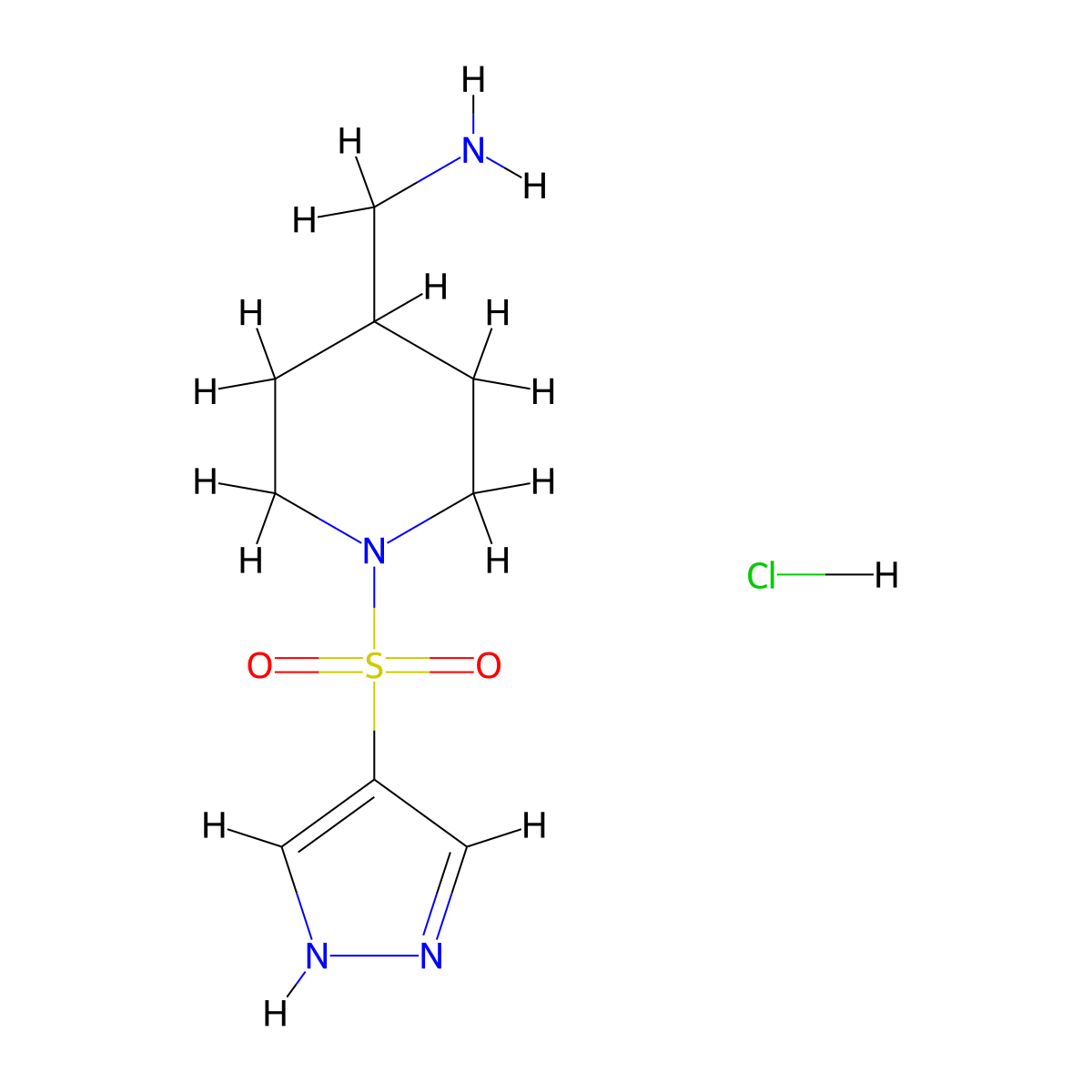 1-[1-(1H-pyrazole-4-sulfonyl)piperidin-4-yl]methanamine hydrochloride molecular structure, CAS 2567496-98-2