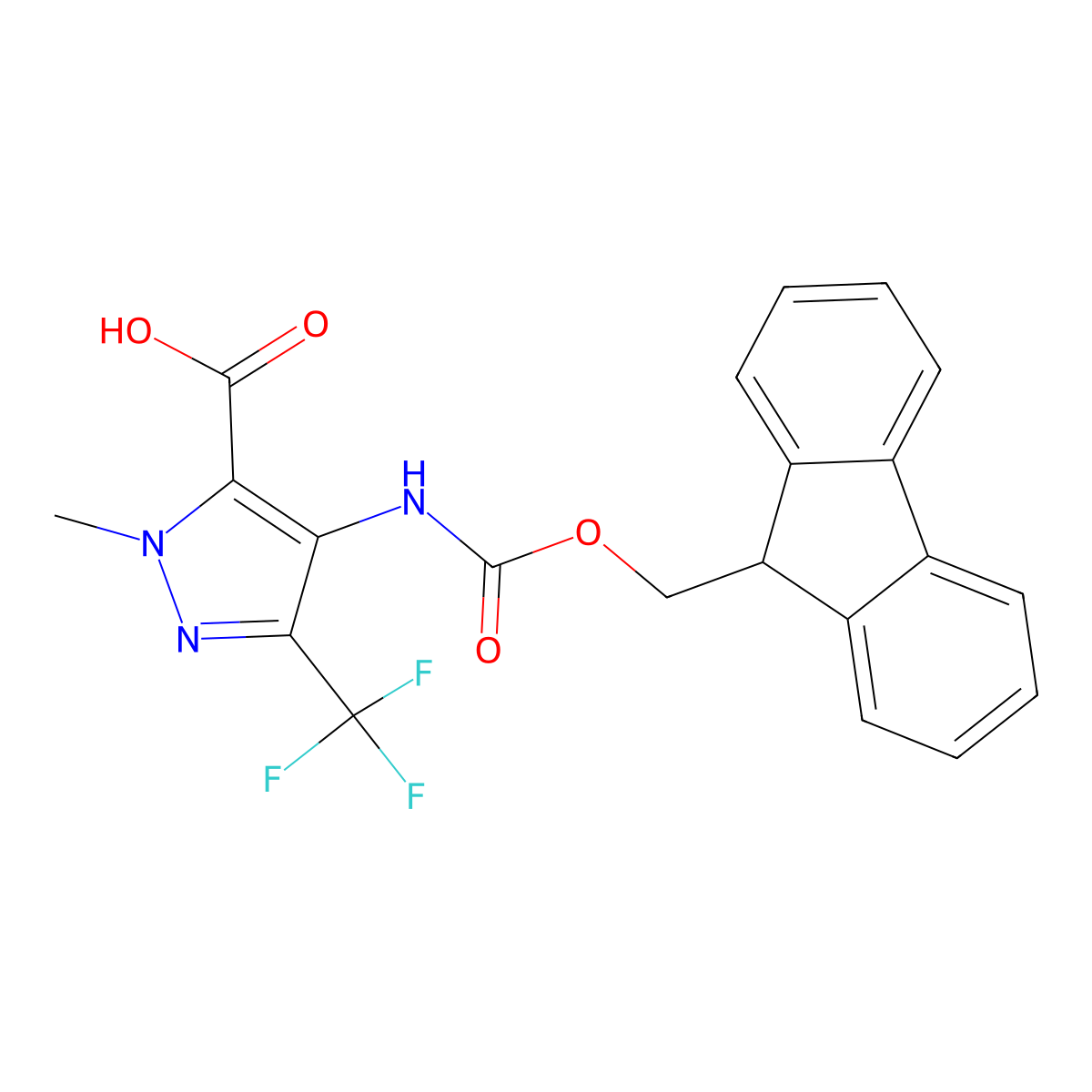 4-({[(9H-fluoren-9-yl)methoxy]carbonyl}amino)-1-methyl-3-(trifluoromethyl)-1H-pyrazole-5-carboxylic acid molecular structure, CAS 2567498-28-4