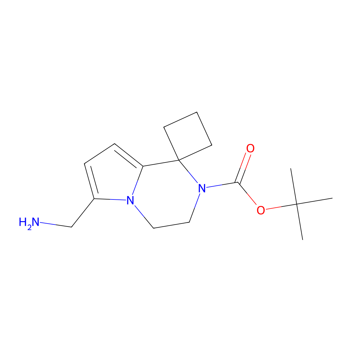 tert-butyl 6'-(aminomethyl)-3',4'-dihydro-2'H-spiro(cyclobutane-1,1'-pyrrolo(1,2-a)pyrazine)-2'-carboxylate molecular structure, CAS 2567498-39-7