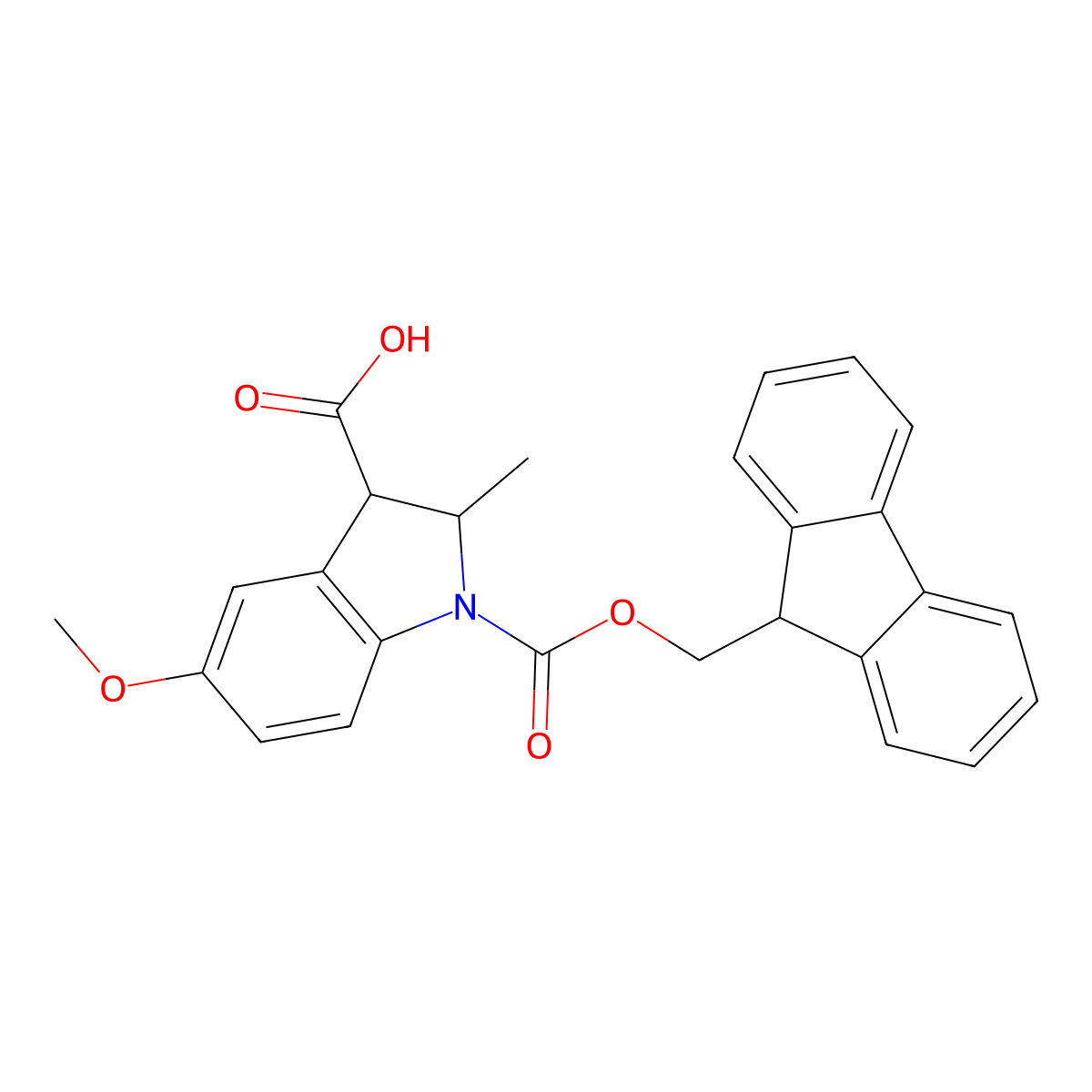 1-{[(9H-fluoren-9-yl)methoxy]carbonyl}-5-methoxy-2-methyl-2,3-dihydro-1H-indole-3-carboxylic acid molecular structure, CAS 2567502-40-1