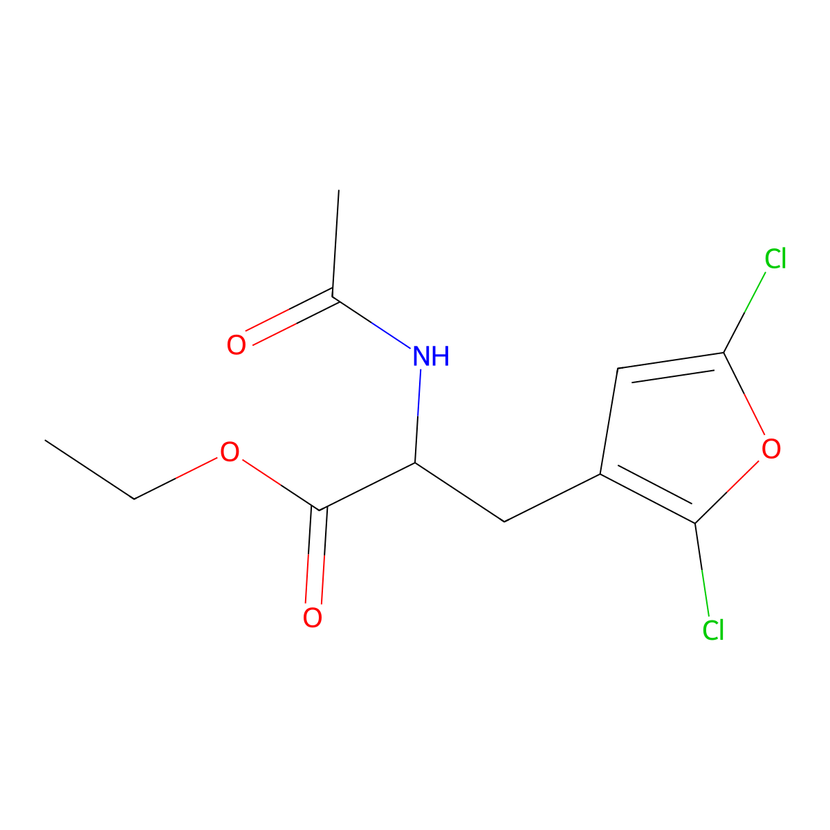 Ethyl 3-(2,5-dichlorofuran-3-yl)-2-acetamidopropanoate molecular structure, CAS 2568039-34-7