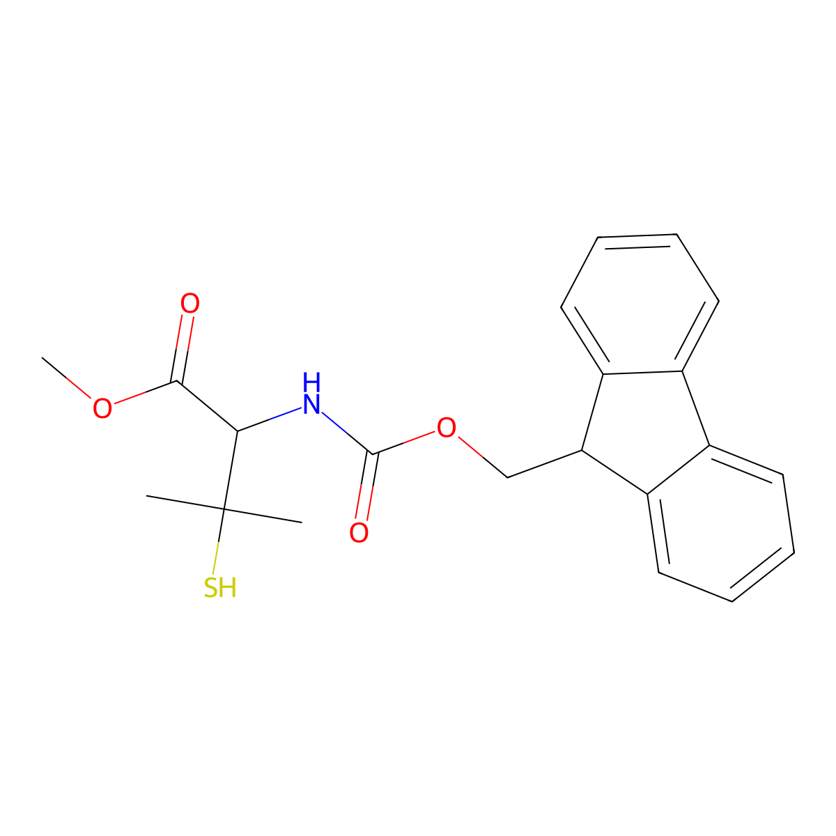 Methyl 2-((((9H-fluoren-9-YL)methoxy)carbonyl)amino)-3-mercapto-3-methylbutanoate molecular structure, CAS 2568130-77-6