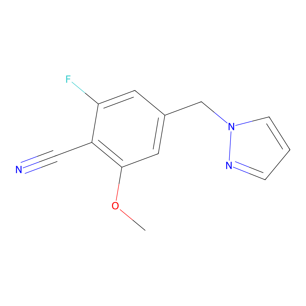 4-((1H-Pyrazol-1-yl)methyl)-2-fluoro-6-methoxybenzonitrile molecular structure, CAS 2568912-42-3