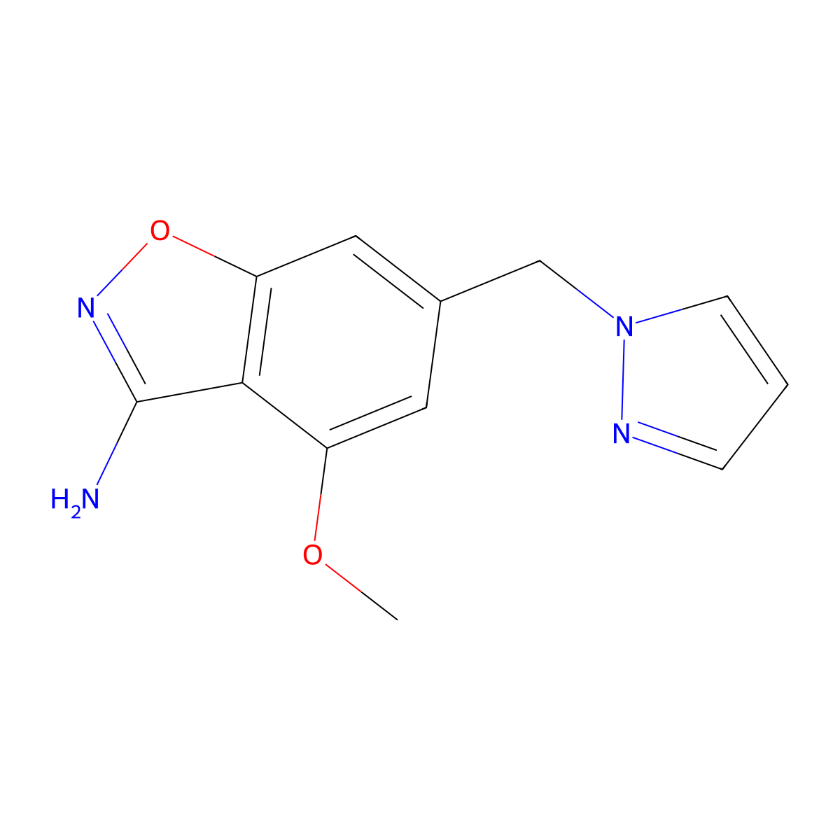 4-Methoxy-6-(pyrazol-1-ylmethyl)-1,2-benzoxazol-3-amine molecular structure, CAS 2568912-43-4
