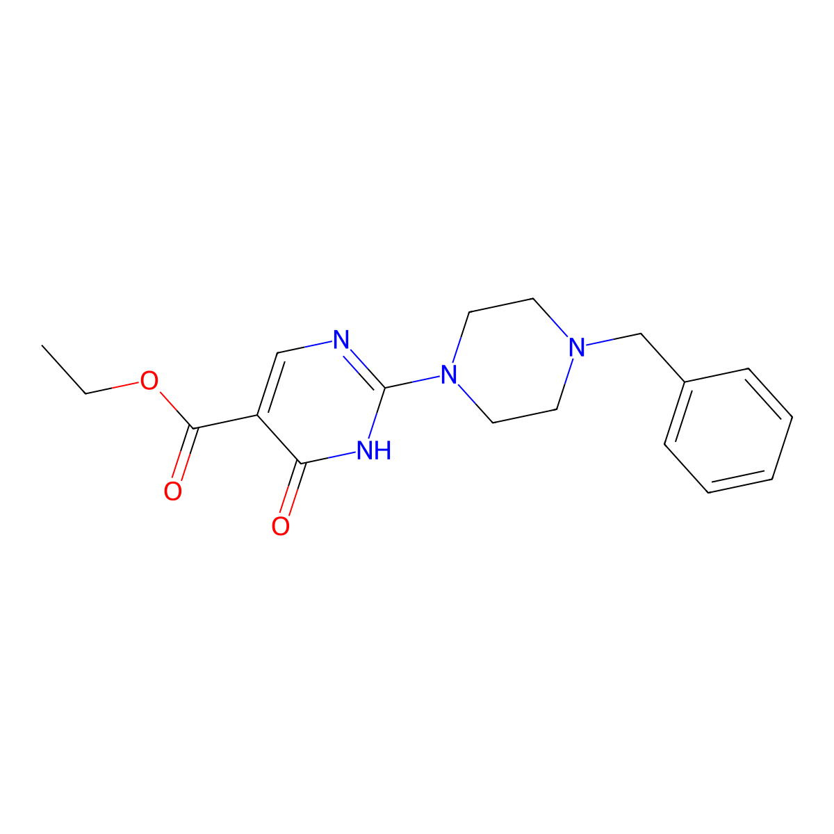 Ethyl 1,6-dihydro-6-oxo-2-(4-(phenylmethyl)-1-piperazinyl)-5-pyrimidinecarboxylate molecular structure, CAS 25693-44-1