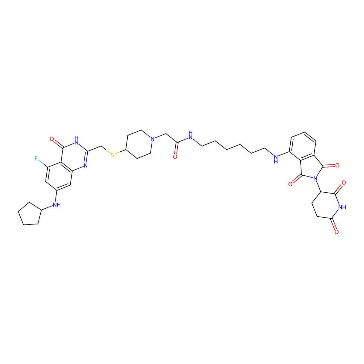 1-Piperidineacetamide, 4-[[[7-(cyclopentylamino)-5-fluoro-3,4-dihydro-4-oxo-2-quinazolinyl]methyl]thio]-N-[6-[[2-(2,6-dioxo-3-piperidinyl)-2,3-dihydro-1,3-dioxo-1H-isoindol-4-yl]amino]hexyl]- molecular structure, CAS 2569517-30-0