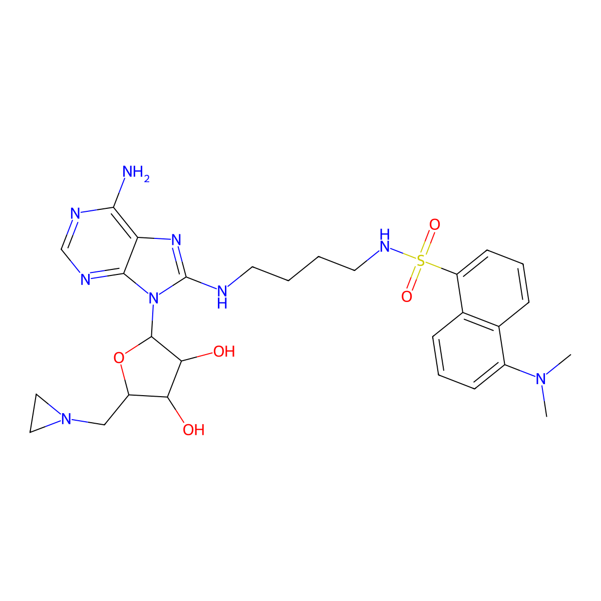 9-[(2xi)-5-(Aziridin-1-yl)-5-deoxy-beta-D-threo-pentofuranosyl]-N~8~-(4-{[5-(dimethylamino)naphthalene-1-sulfonyl]amino}butyl)-9H-purine-6,8-diamine molecular structure, CAS 256953-68-1
