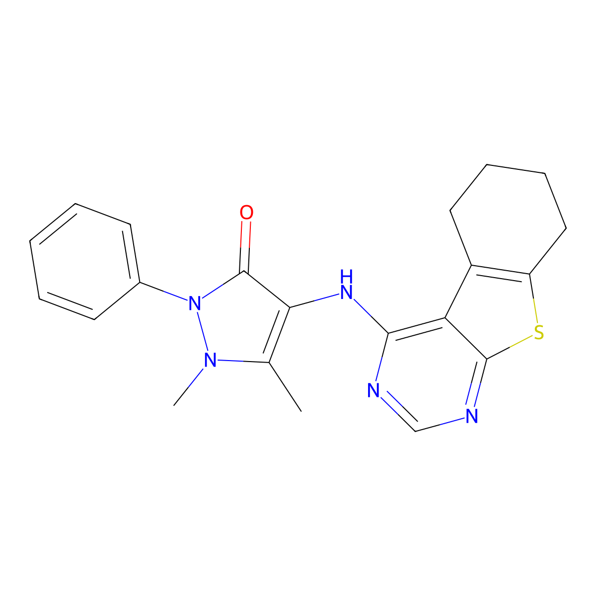 1,5-dimethyl-2-phenyl-4-(5,6,7,8-tetrahydro[1]benzothieno[2,3-d]pyrimidin-4-ylamino)-1,2-dihydro-3H-pyrazol-3-one molecular structure, CAS 256956-66-8