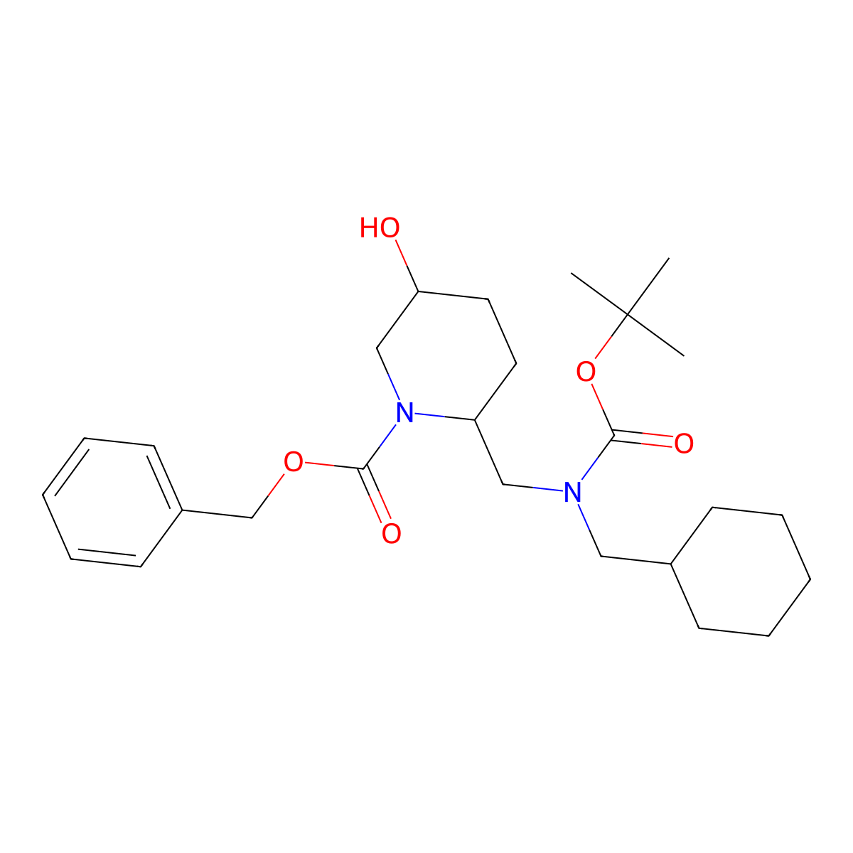 Benzyl 2-(((tert-butoxycarbonyl)(cyclohexylmethyl)amino)methyl)-5-hydroxypiperidine-1-carboxylate molecular structure, CAS 2570189-86-3