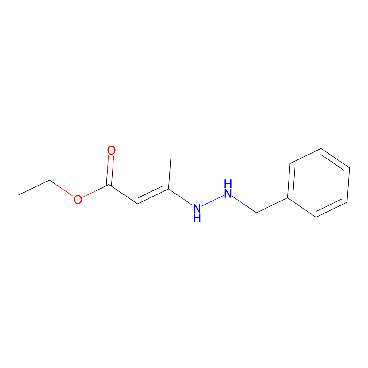Ethyl (2E)-3-(2-benzylhydrazin-1-yl)but-2-enoate molecular structure, CAS 2570194-63-5