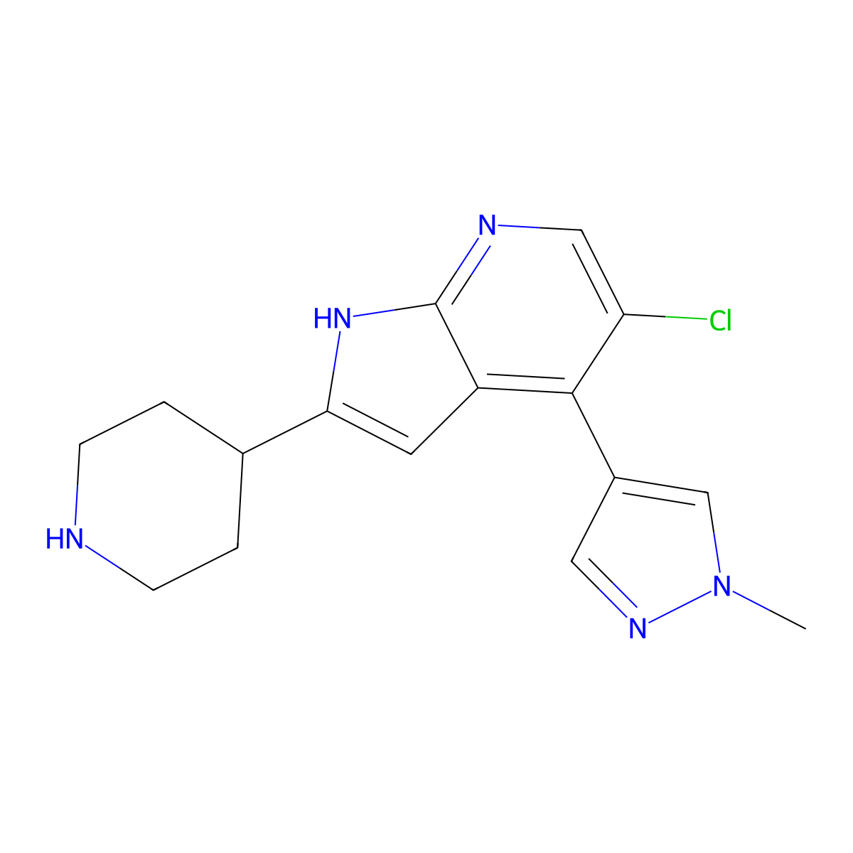 5-chloro-4-(1-methylpyrazol-4-yl)-2-piperidin-4-yl-1H-pyrrolo[2,3-b]pyridine molecular structure, CAS 2571068-74-9
