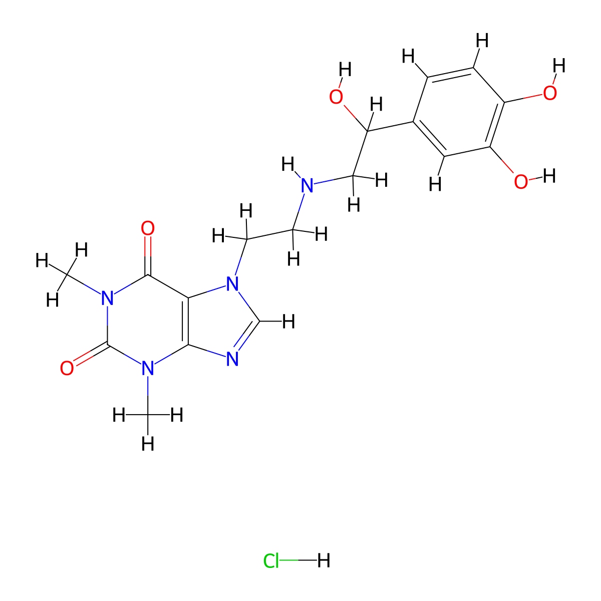 1H-Purine-2,6-dione, 7-(2-((2-(3,4-dihydroxyphenyl)-2-hydroxyethyl)amino)ethyl)-3,7-dihydro-1,3-dimethyl-, hydrochloride (1:1) molecular structure, CAS 2572-61-4