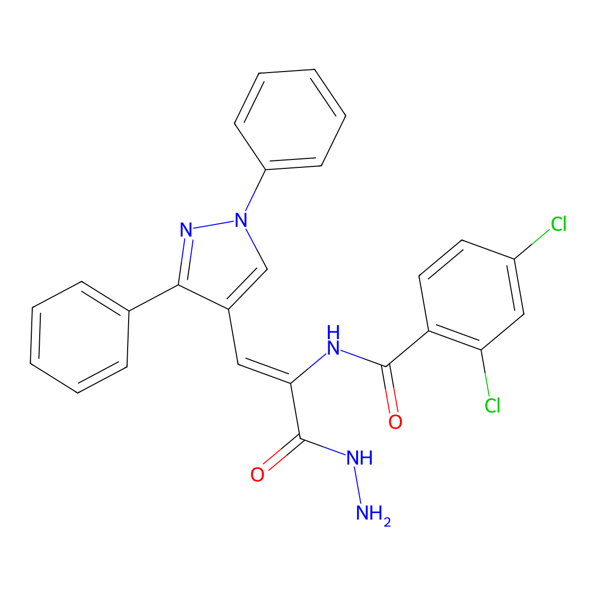 2,4-Dichloro-N-(1-(1,3-diphenyl-1H-pyrazol-4-yl)-3-hydrazinyl-3-oxoprop-1-en-2-yl)benzamide molecular structure, CAS 257289-82-0