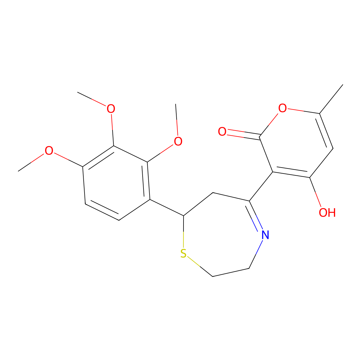 2H-pyran-2-one, 4-hydroxy-6-methyl-3-[2,3,6,7-tetrahydro-7-(2,3,4-trimethoxyphenyl)-1,4-thiazepin-5-yl]- molecular structure, CAS 257292-28-7