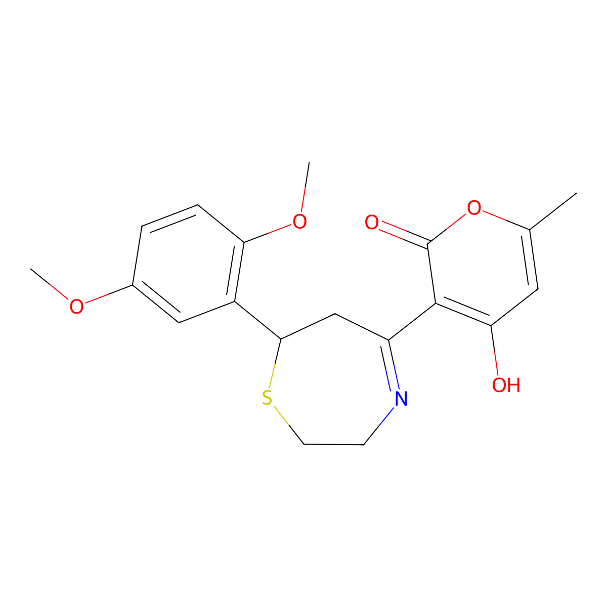 3-[7-(2,5-Dimethoxyphenyl)-2,3,6,7-tetrahydro-1,4-thiazepin-5-yl]-4-hydroxy-6-methylpyran-2-one molecular structure, CAS 257292-30-1