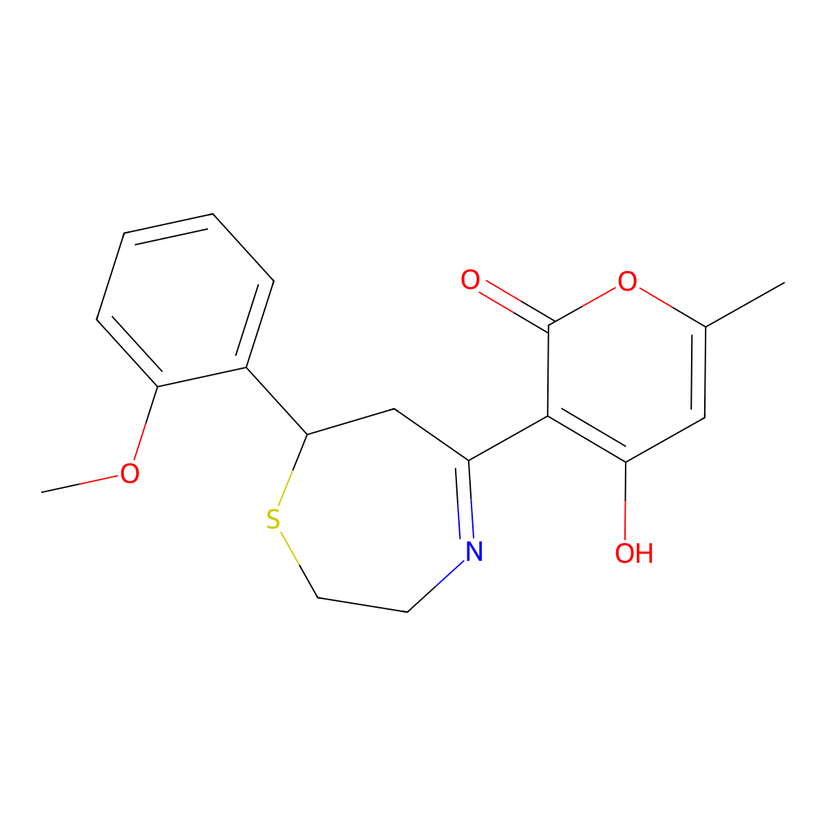 4-hydroxy-3-[7-(2-methoxyphenyl)-2,3,6,7-tetrahydro-1,4-thiazepin-5-yl]-6-methyl-2H-pyran-2-one molecular structure, CAS 257292-31-2