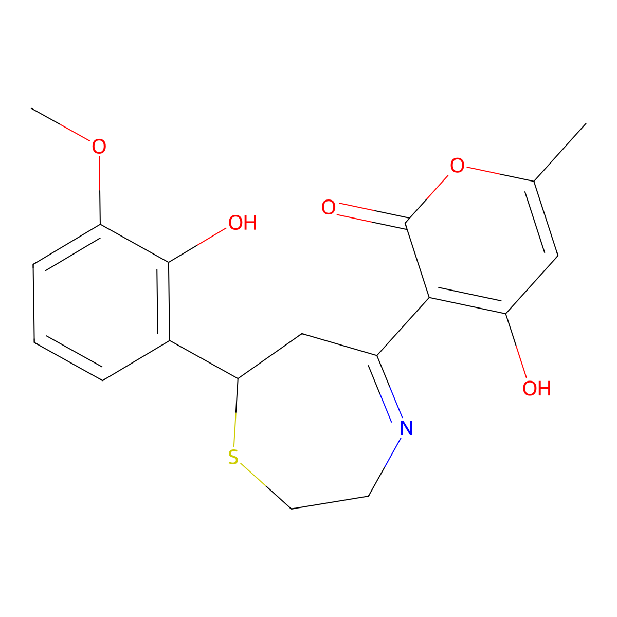 2H-pyran-2-one, 4-hydroxy-6-methyl-3-[2,3,6,7-tetrahydro-7-(2-hydroxy-3-methoxyphenyl)-1,4-thiazepin-5-yl]- molecular structure, CAS 257292-32-3
