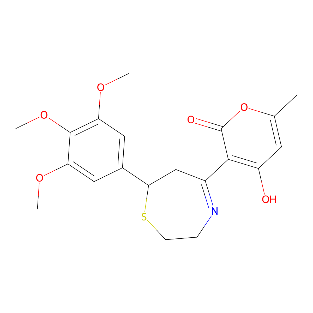 4-hydroxy-6-methyl-3-[7-(3,4,5-trimethoxyphenyl)-2,3,6,7-tetrahydro-1,4-thiazepin-5-yl]-2H-pyran-2-one molecular structure, CAS 257292-34-5