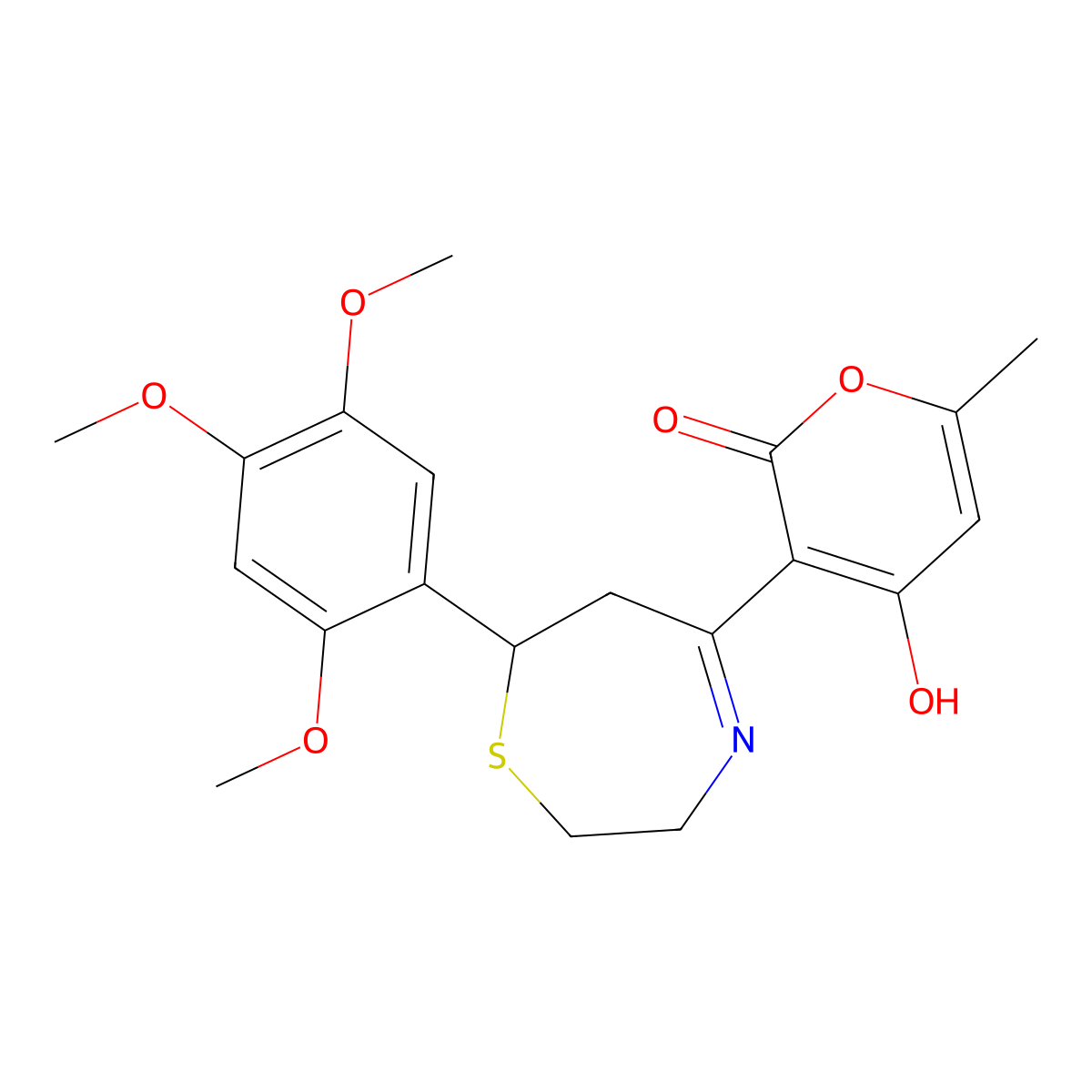2H-pyran-2-one, 4-hydroxy-6-methyl-3-[2,3,6,7-tetrahydro-7-(2,4,5-trimethoxyphenyl)-1,4-thiazepin-5-yl]- molecular structure, CAS 257292-35-6