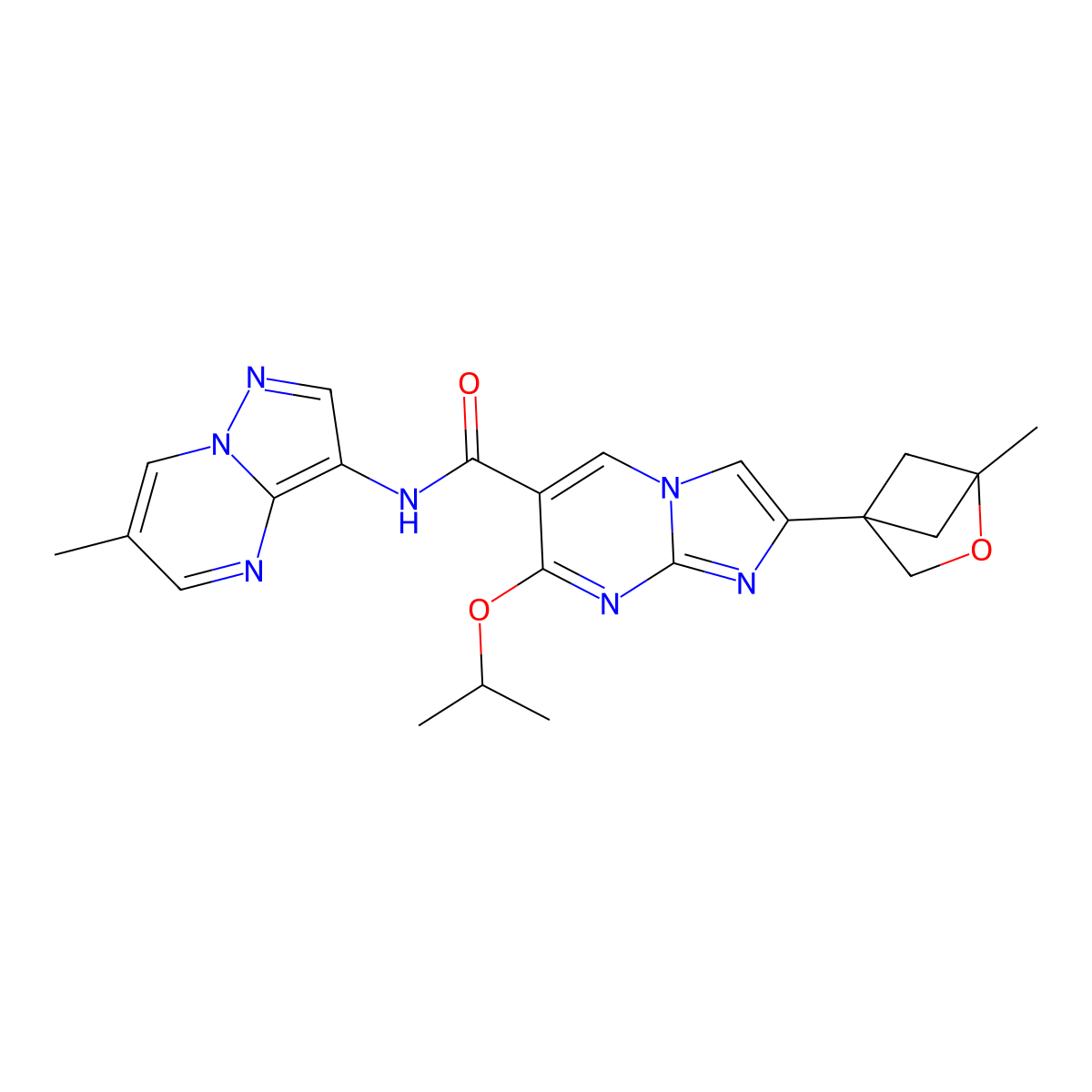 2-(1-methyl-2-oxabicyclo[2.1.1]hexan-4-yl)-N-(6-methylpyrazolo[1,5-a]pyrimidin-3-yl)-7-propan-2-yloxyimidazo[1,2-a]pyrimidine-6-carboxamide molecular structure, CAS 2573211-25-1