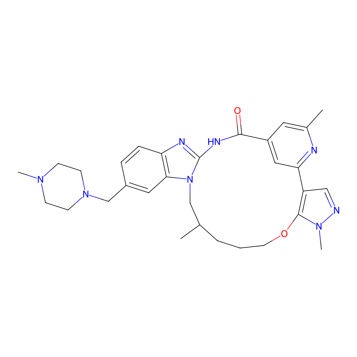 (20R)-10,15,20-trimethyl-2-[(4-methylpiperazin-1-yl)methyl]-18,19,20,21-tetrahydro-15H,17H-12,8-(metheno)pyrazolo[3',4':2,3][1,5,10,12]oxatriazacycloheptadecino[12,11-a]benzimidazol-7(6H)-one molecular structure, CAS 2573869-33-5