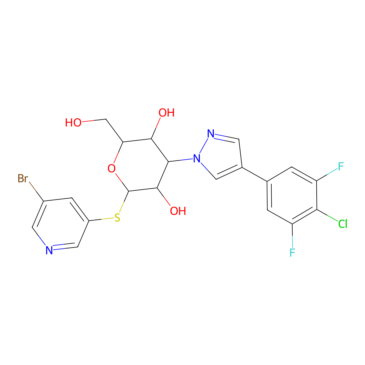 (2R,3R,4S,5R,6R)-2-[(5-bromo-3-pyridinyl)sulfanyl]-4-[4-(4-chloro-3,5-difluorophenyl)pyrazol-1-yl]-6-(hydroxymethyl)oxane-3,5-diol molecular structure, CAS 2574415-75-9