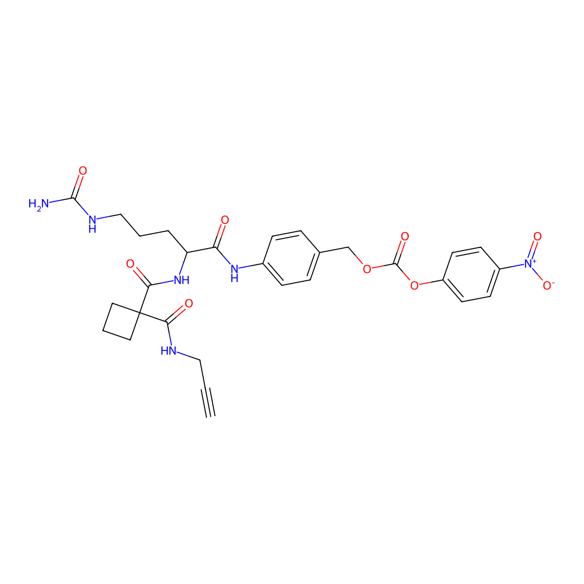 (S)-4-Nitrophenyl (4-(2-(1-(prop-2-yn-1-ylcarbamoyl)cyclobutane-1-carboxamido)-5-ureidopentanamido)benzyl) carbonate molecular structure, CAS 2576471-40-2