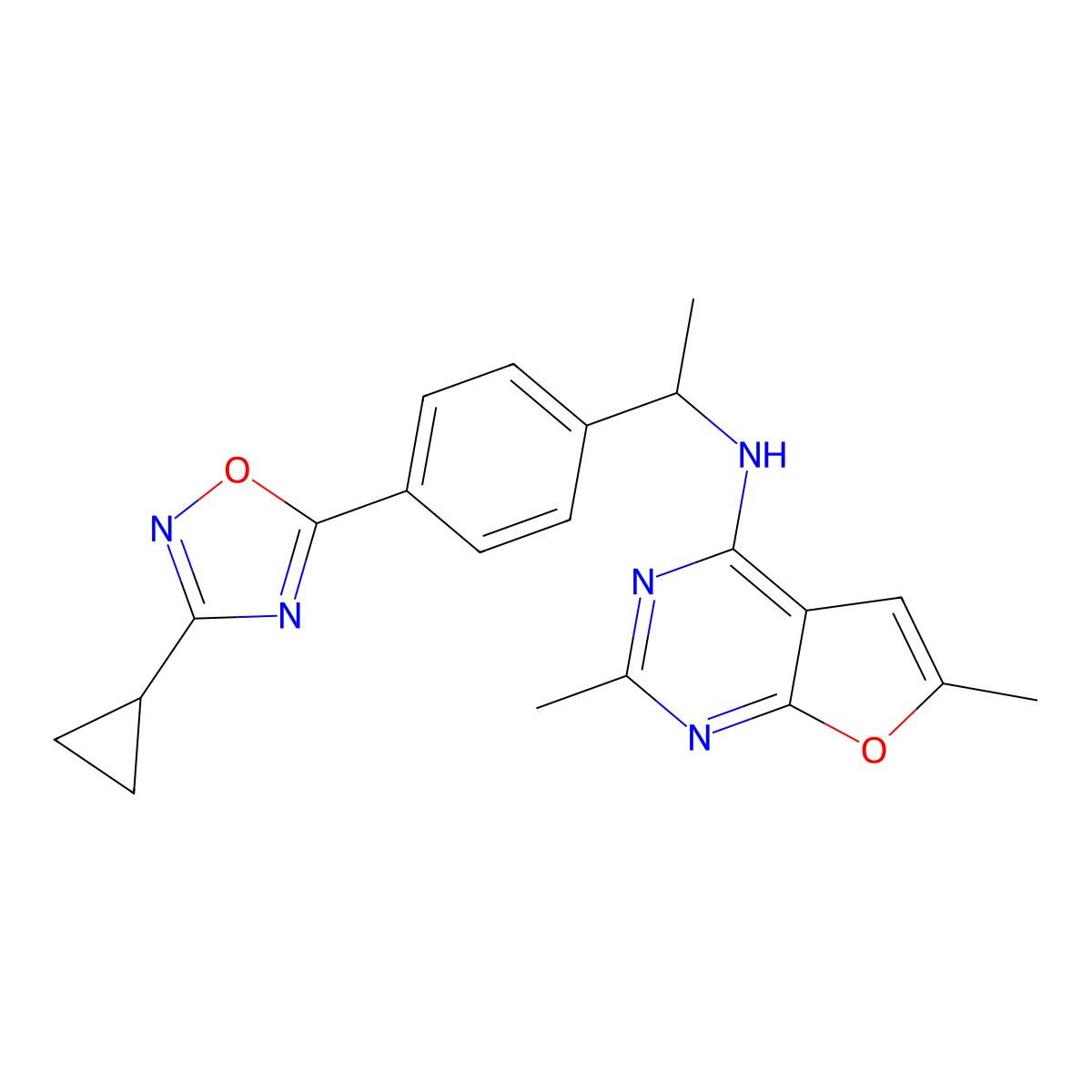 N-[(1S)-1-[4-(3-cyclopropyl-1,2,4-oxadiazol-5-yl)phenyl]ethyl]-2,6-dimethylfuro[2,3-d]pyrimidin-4-amine molecular structure, CAS 2578300-07-7
