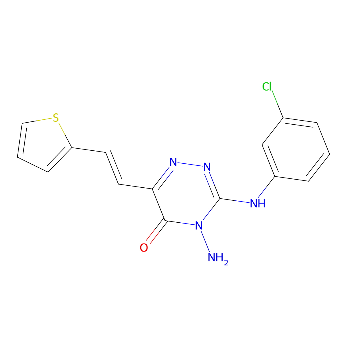4-Amino-3-(3-chloroanilino)-6-(2-thiophen-2-ylethenyl)-1,2,4-triazin-5-one molecular structure, CAS 257869-79-7