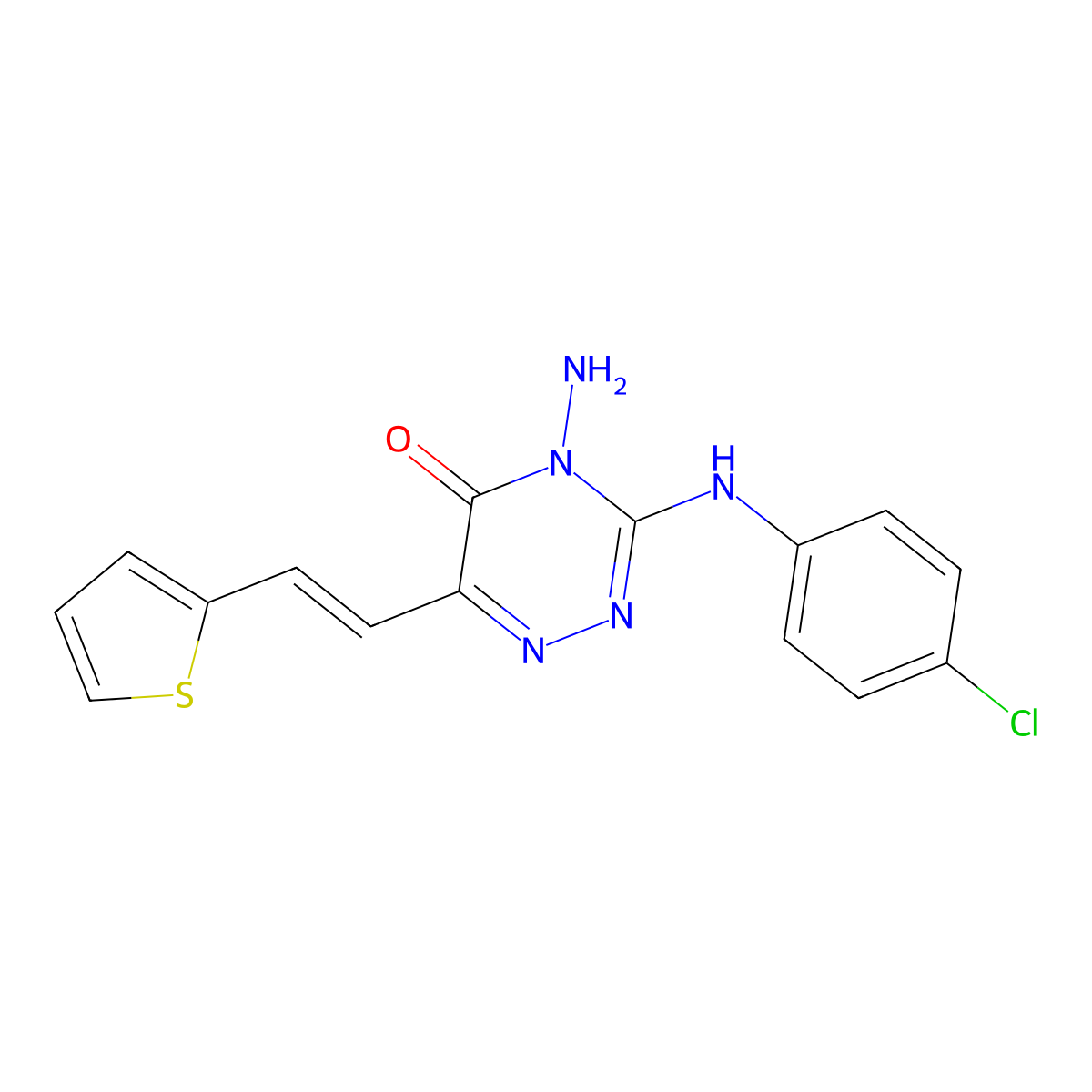 4-Amino-3-(4-chloroanilino)-6-(2-thiophen-2-ylethenyl)-1,2,4-triazin-5-one molecular structure, CAS 257869-80-0