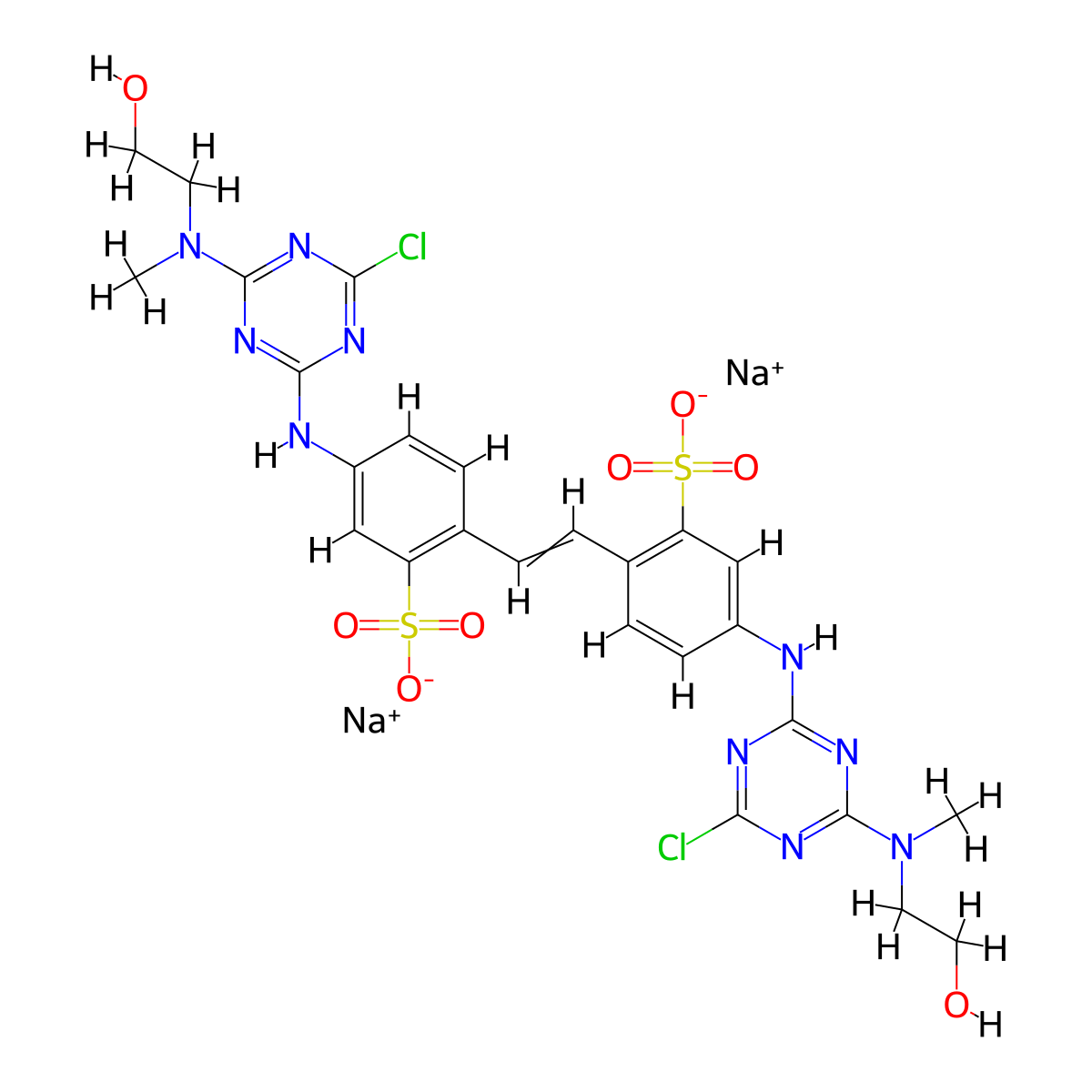 Benzenesulfonic acid, 2,2'-(1,2-ethenediyl)bis[5-[[4-chloro-6-[(2-hydroxyethyl)methylamino]-1,3,5-triazin-2-yl]amino]-, disodium salt molecular structure, CAS 25790-73-2