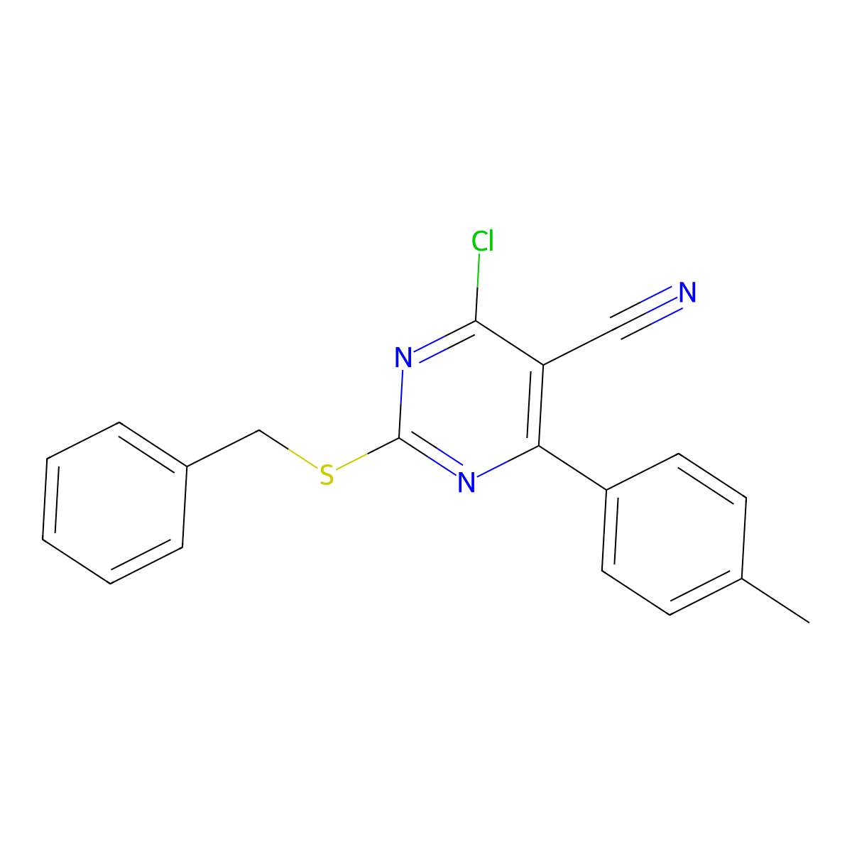 2-(Benzylsulfanyl)-4-chloro-6-(4-methylphenyl)-5-pyrimidinecarbonitrile molecular structure, CAS 257908-21-7