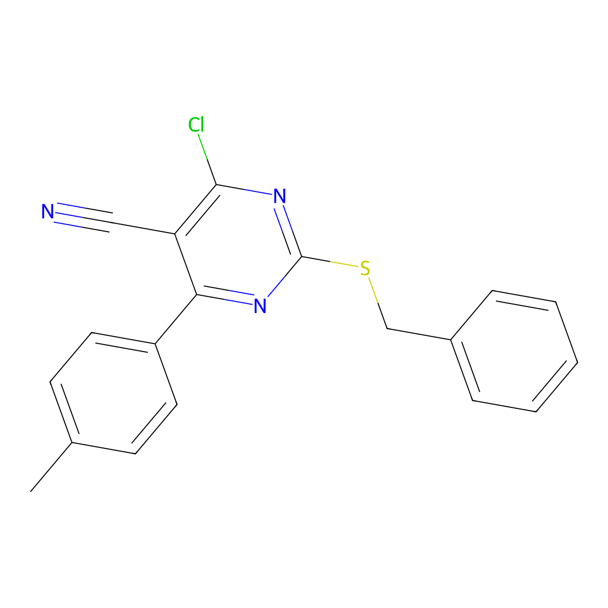 2-(Benzylsulfanyl)-4-chloro-6-(4-methylphenyl)-5-pyrimidinecarbonitrile molecular structure, CAS 257908-21-7