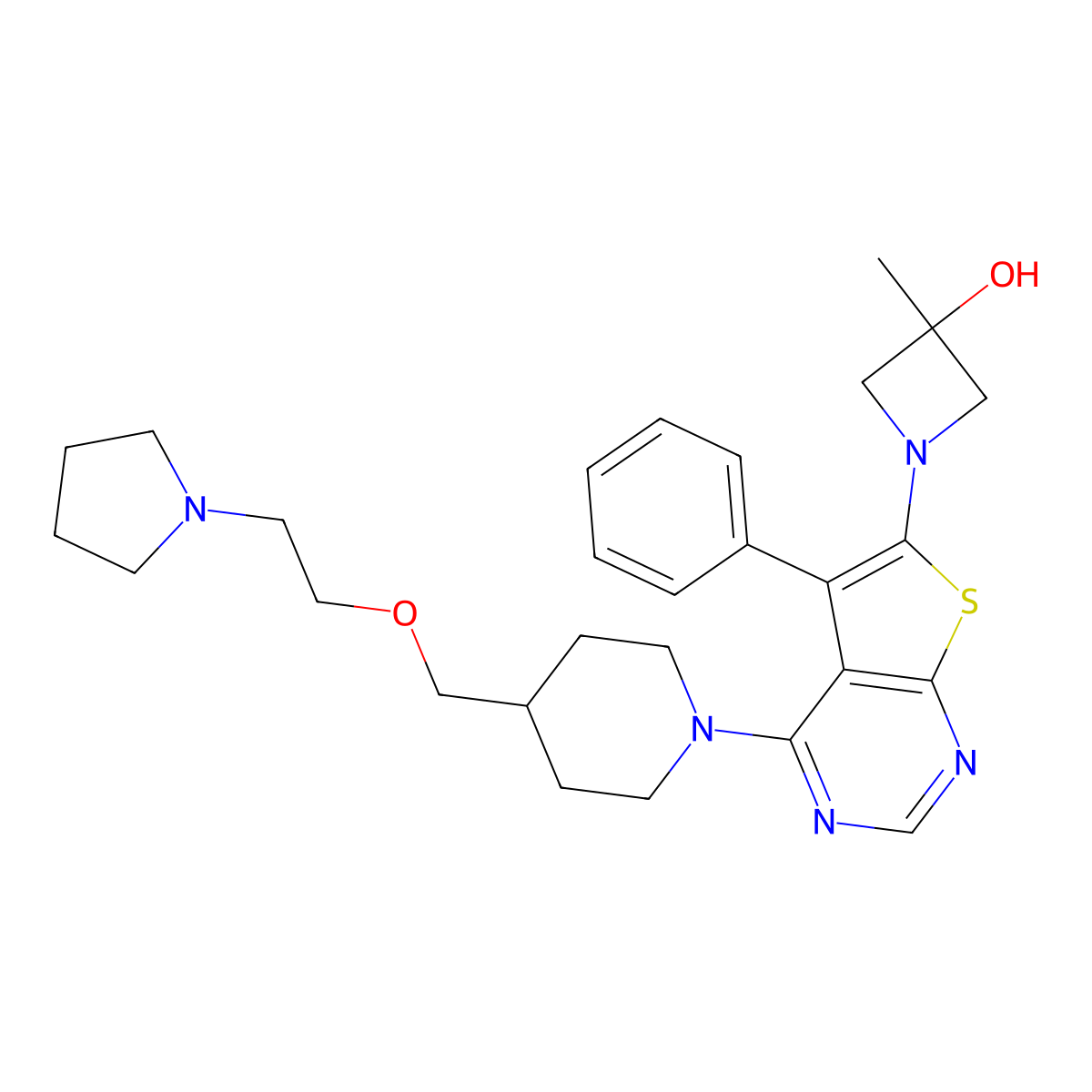 3-Methyl-1-(5-phenyl-4-(4-((2-(pyrrolidin-1-yl)ethoxy)methyl)piperidin-1-yl)thieno[2,3-d]pyrimidin-6-yl)azetidin-3-ol molecular structure, CAS 2579172-38-4