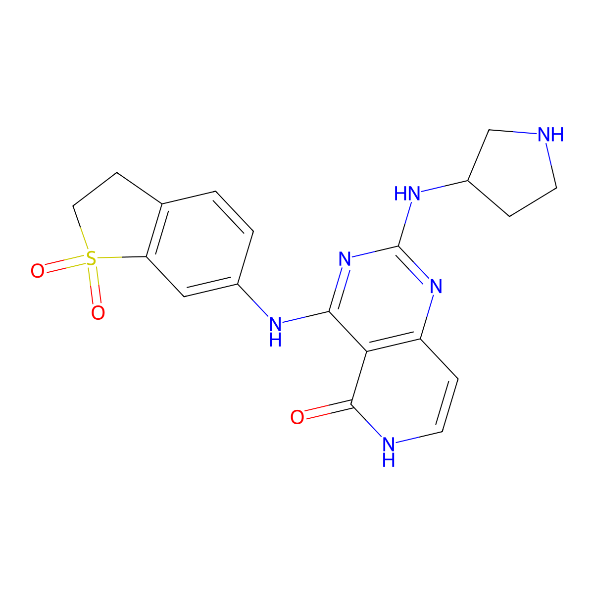 4-[(1,1-dioxo-2,3-dihydro-1-benzothiophen-6-yl)amino]-2-[[(3R)-pyrrolidin-3-yl]amino]-6H-pyrido[4,3-d]pyrimidin-5-one molecular structure, CAS 2579173-55-8